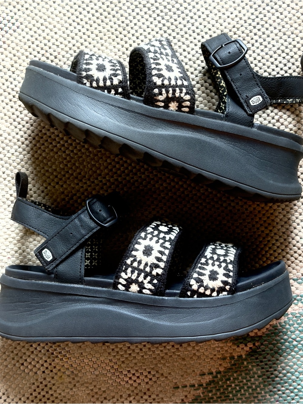 Hey Dude Black Platform Sandals with Cream Patterned Straps